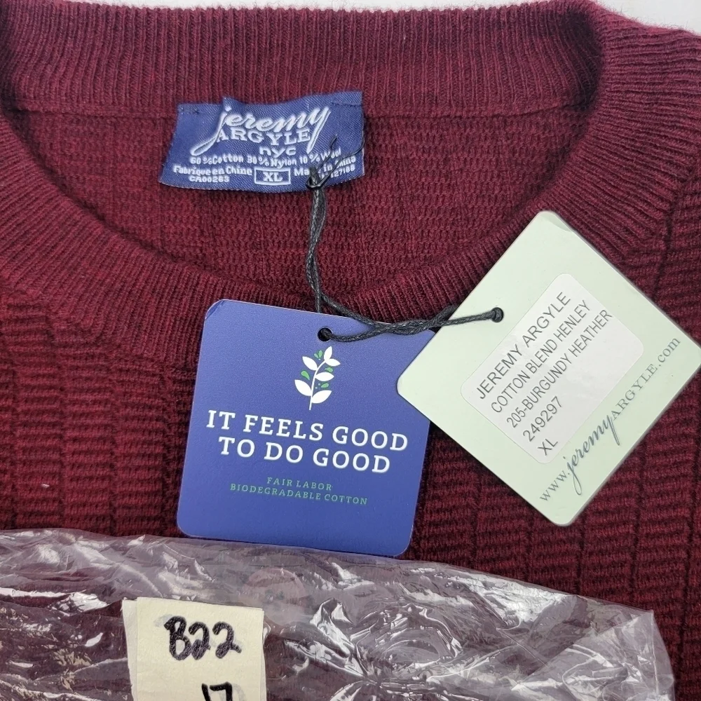 NWT Jeremy Argyle NYC wool blend heavy fair labor burgundy‎ henley B22